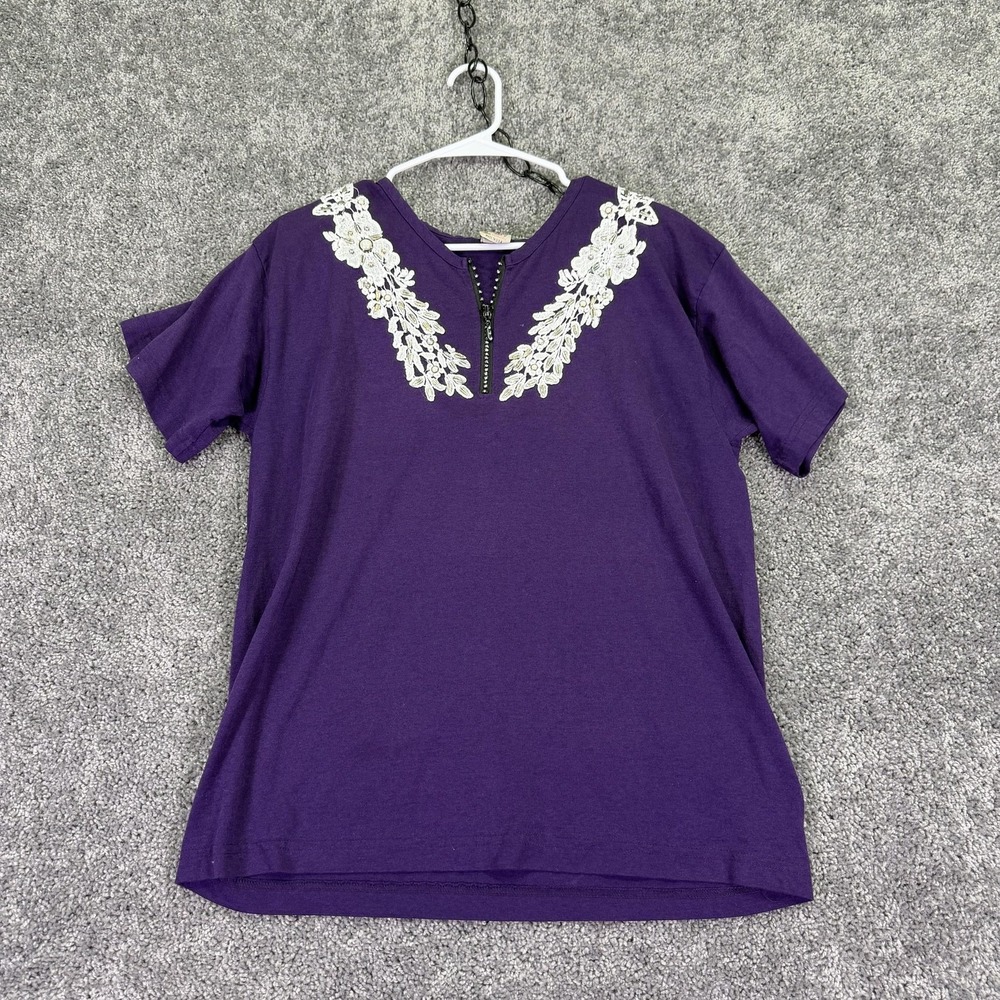 Vintage Cactus California Shirt Womens Large Purple Beaded Floral Zip 90s USA